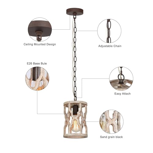 Image of KSANA Wood Pendant Light, Farmhouse Rustic Cage Lantern Hanging Light Fixture for Kitchen Island, Foyer, Hallway, Bedroom and Entryway