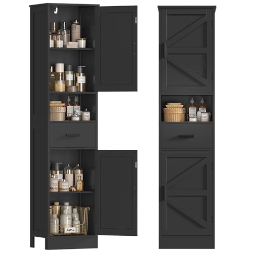 Image of TEENFON Tall Bathroom Storage Cabinet with Barn Doors, Narrow Bathroom Cabinet with Drawer, Narrow Storage Unit, Adjustable Shelves, Floor Cabinets for Living Room, Entryway, Kitchen, Black