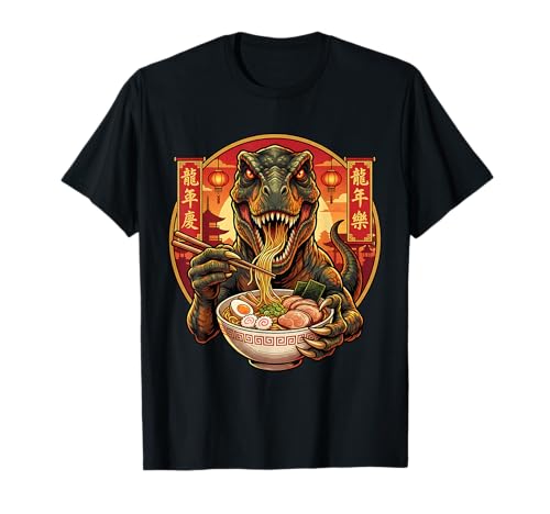 Dinosaurio Comiendo Fideos Ramen diseño artístico japonés Camiseta