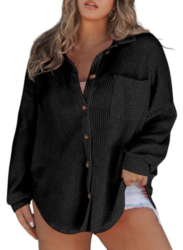 Eytino Womens Plus Size Boyfriend Shirts Casual Long Sleeve Button Down Oversized Waffle Knit Shacket Jacket(1X-5X)