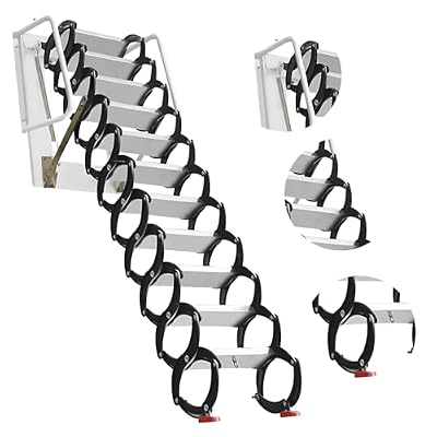 10Ft Attic Ladder Pull Down System, 1100 LBS Load Capacity Wall Mounted Attic Ladder, 12 Treads Magnesium Aluminum Alloy Telescoping Attic Stairs, for Attics Roofs Warehouses, Black