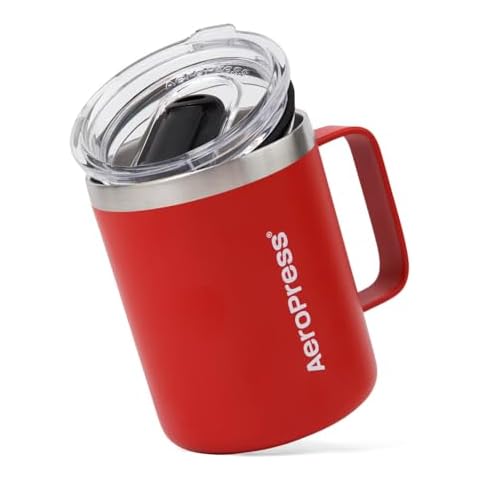 AeroPress Travel Coffee Mug with Handle, Double-Wall Vacuum Insulated Stainless Steel with Splash-Resistant Slider Lid, Compatible for Hot or Cold Drinks, Dishwasher Safe, 12 oz, Red Cover