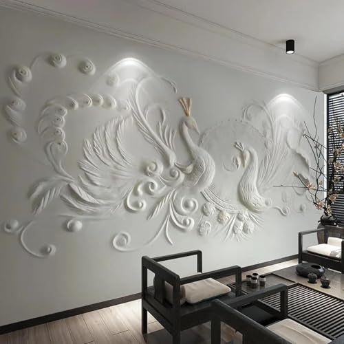 Papier peint mural 3D paon blanc pour masquer un mur abîmé