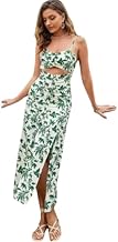 HKV Women's Floral Print One-Piece Dress, Green Palm Leaf Pattern, Cutout Maxi with Side Slit