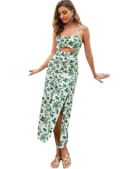 hkv Women's Floral Print One-Piece Dress, Green Palm Leaf Pattern, Cutout Maxi with Side Slit-picture-34
