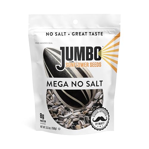 JUMBO Sunflower Seeds to Eat, Mega No Salt, 5.5 oz Bags (12 Pack) - Unsalted Roasted In-Shell Seeds, Low Sodium Snack, Resealable Cupholder Bag