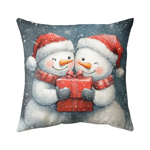 Mearafois Two Snowmen Wearing SantHats and Sholding Red Gift Box Printed Pillow Covers 20x20 Double-Sided, Decorative Throw Pillow Covers for Home Bedroom Living Room Decor