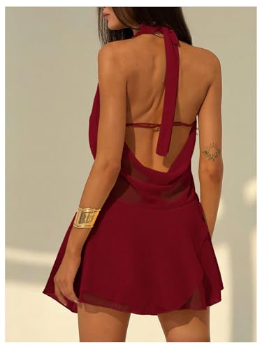 Image of RoseSeek Women's Draped Halter Flared Party Dress Backless Mini Dresses