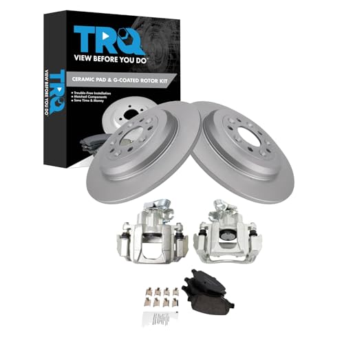 Image of TRQ Rear Brake Pad and Rotor Set Ceramic G Coated Rotors Calipers Compatible with 2009 Ford Flex 2010-2012 Taurus 2009-2012 Lincoln MKS