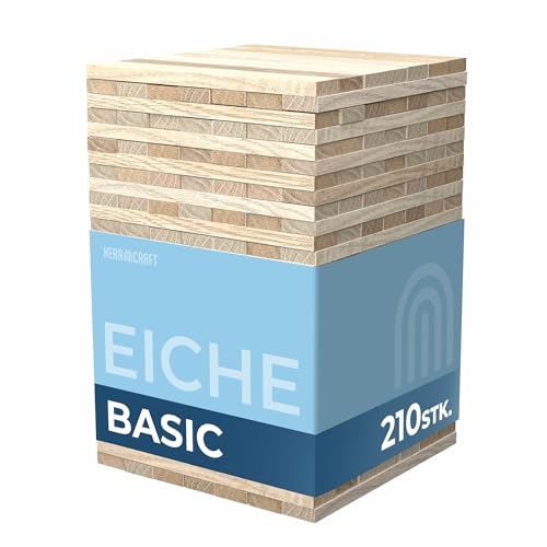 KeraBlocks Basic Eiche - 210 Stück Holzklötzchen zum Basteln 160x22x8mm - Bastelholz ohne Klebeband - Perfekt zur kreative DIY Projekte