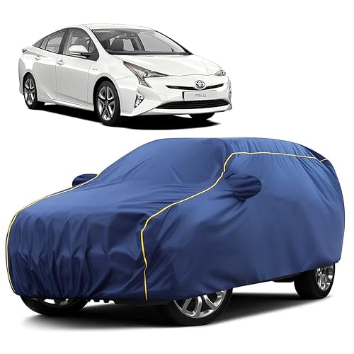 Image of Sulfar 100% Water Resistant Car Body Cover Compatible with Mirror for Toyota Prius (Triple Stitched, Full Bottom Elastic, Blue Taffeta with Yellow Piping)