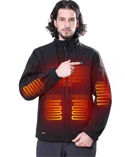 DEWBU Soft Shell Heated Jacket for Men with 12V Battery Pack and Detachable Hood Outdoor Electric Heating Coat Black 2XL