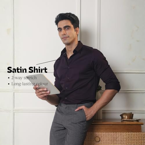 Image of SUBTRACT Men's Slim Fit Solid Spread Collar Cotton Satin Evening Shirt | Stylish Men's Wear Shirt for Office or Party