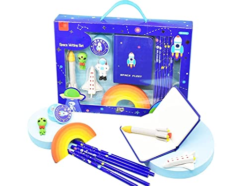 Image of Crackles Space Theme Design Stationery Writing Set for Kids (5 Pencils, 5 Different Shapes Erasers, 1 Notebook, 1 Sharpener)