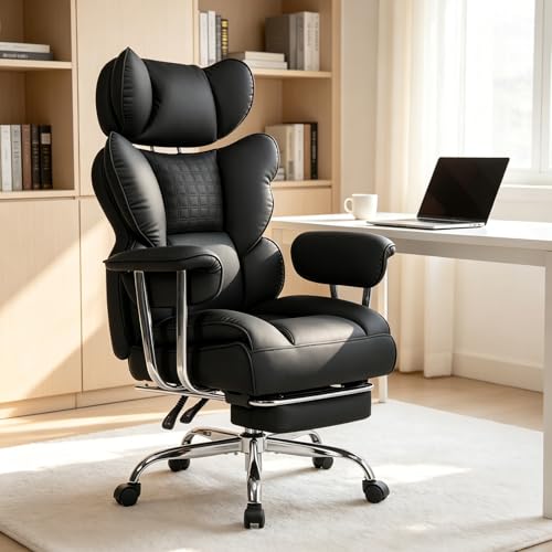 Image of Big and Tall Office Chair 350 LBS, Scratch-Resistant PU Leather Executive Office Desk Chair with Footrest, Ergonomic Reclining Computer Chair with Pocket Spring Support for Home Office, Black