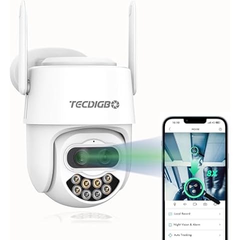 Tecdigbo Security Camera Outdoor PTZ 355° View 4MP Dual-Lens,2.4GHZ,Color Night Vision,2-Way Audio,Smart Siren,SD Card &Cloud Storage Motion Detection and Alarm, IP66,8X Hybird Zoom Cover