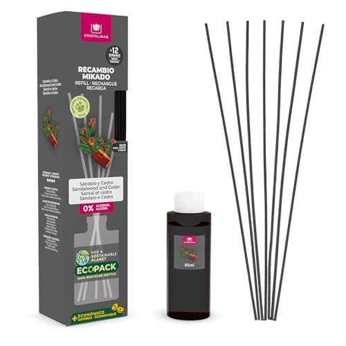 CRISTALINAS | Recambio + Cañas Ambientador de Hogar Mikado | deal para casa y oficina | 100% Puro | Larga Duración 12 Semanas | 85ml | 0% Alcohol | Aroma Sándalo y Cedro | 100% reciclable