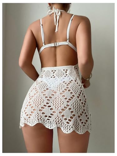OYOANGLE Women's Crochet Halter Cover Up Dress Hollow Out Backless Sleeveless Bikini Coverups2