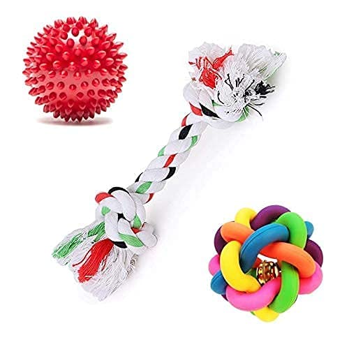 Image of Dog Rubber Chew Toy I Combo Spike I Dental Ball + Rainbow Sound Ball + 2 Knot Rope Ideal for Dogs and Puppies - Pack of 3 (Combo-C)