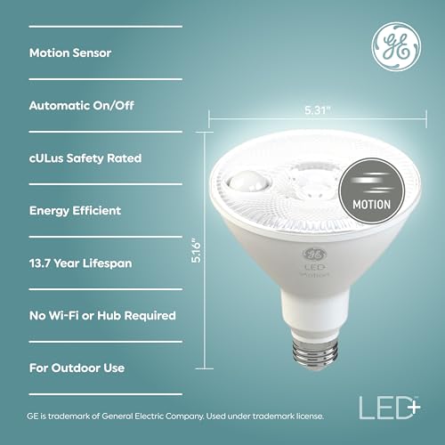 Image of GE LED+ PAR38 Motion Sensor Outdoor Flood Light Bulbs, 15W, 2 Pack | Motion-activated security floodlight, PAR38, garage, porch, dusk-to-dawn, warm white, energy-saving LED, 2 pack