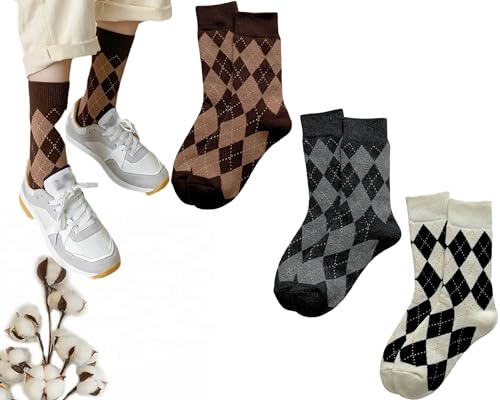 CHUNFO Womens Argyle Socks Casual Running Athletic White Grey Brown Plaid Crew Socks Size5-9