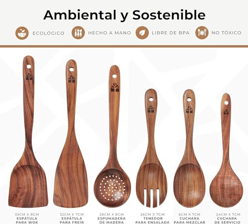 Utensilios de Cocina Madera 6 Pzs para Cocinar - Set de Espátulas y Cucharones de Cocina - Cucharas de Madera de Teca, Antiarañazos. Accesorios Cocina con Agarre Cómodo para Sartenes Antiadherentes - imagen 4