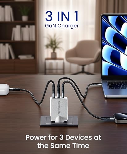 Image of BlueRigger 65W 3-Port GaN Charger PD QC3.0 QC4.0 PPS Fast Charging Compact Adapter for All MacBook Series and laptops with USB C Charging Port (White)