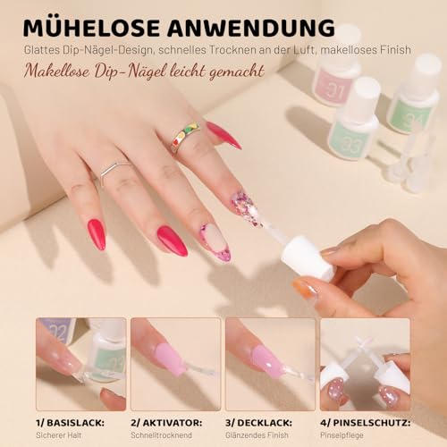 Aokitec Dipping Powder Liquid Set, 4 * 10ml, Dip Base Top Coat Activator & Brush Saver mit Replacement Brushes für Dipping Acryl Pulver, Dip Powder Nail Kit, Nägel Selber Machen