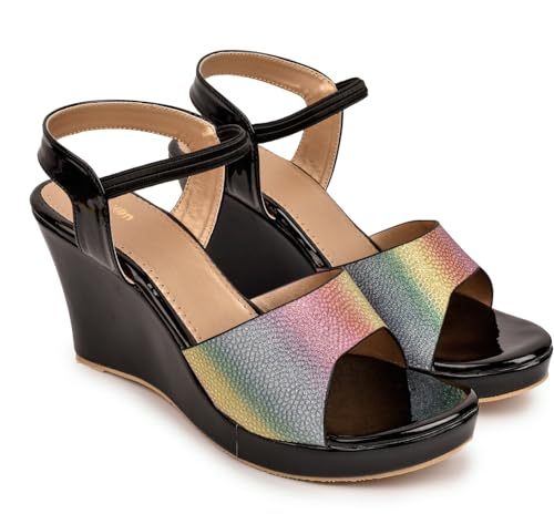 Image of Action Women's Platform Stiletto Sandals|with Rainbow Print| Heel| Ankle Strap| Open Toe Design Black