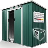 Juskys Metall Gerätehaus M 4 m³ mit Fundament, 213 x 130 x 173 cm, Geräteschuppen mit Pultdach & Schiebetür, Stahl Gartenhaus Garten Schuppen, grün