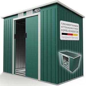 Juskys Metall Gerätehaus M 4 m³ mit Fundament, 213 x 130 x 173 cm, Geräteschuppen mit Pultdach & Schiebetür, Stahl Gartenhaus Garten Schuppen, grün