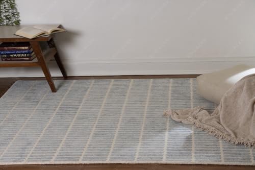 Image of Capitola Solid Hand-Tufted 100% Wool Area Rug - 1x1 Ft (Sample), Square Coastal Blue Textured Surface Design, Cotton Backing, Plush Dense Pile Handmade Carpet for Living Room, & Bedroom