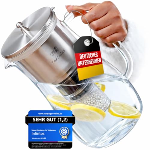 INFINTOS Glas- Wasserfilterkaraffe mit Aktivkohlefilter, Keramikkugeln, Mineralsteinen - gegen Schwermetalle, Kalk - Trinkwasser Wasserfilter für deine Küche