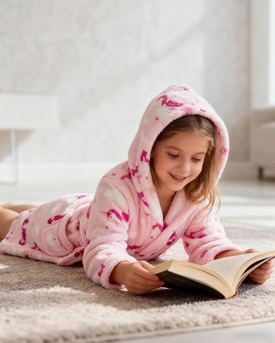 Image of Girls Fleece Hooded Robes, Warm Printed Bath Robe for Kids Soft Fuzzy Bathrobe for Gifts