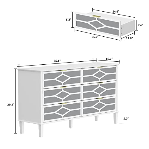 Ecacad 6 Drawer Double Dresser Storage Chest Of Drawers With Mirror Fronts, Wood Dresser Chest With Carved Pattern For Bedroom, Living Room & Hallway, White (55.1”L X 15.7”W X 30.3”H) #TOP6