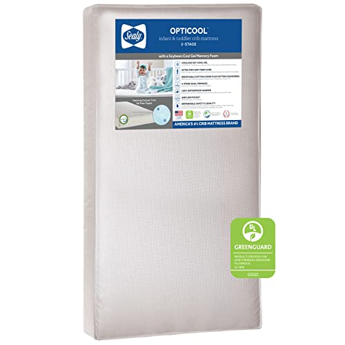 Image of Sealy OptiCool Dual Firm Cool Gel Memory Foam Waterproof Baby Crib Mattress and Toddler Mattress, Sustainable and Breathable Cover, Greenguard Air Quality Certified - Made in USA, 52"x28"