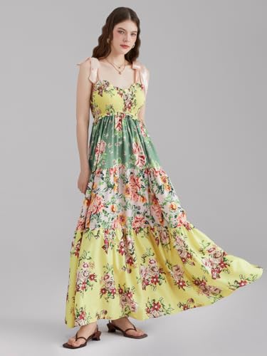 Image of Women Summer Floral Spaghetti Strap Dress Flowy Smocked Tie Up Boho Maxi Swing Dress Y2K Beach Sundress