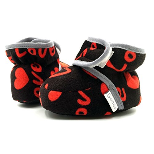 CONDA Baby Booties Girl & Boy Infant Fleece Slippers - Black & Red Heart Valentines Soft Cozy and Colorful Baby Shoes 12-18 Months