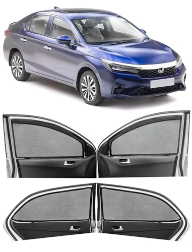 Image of Autofact Magnetic Car Sunshades Compatible with Honda New City (2020 to 2024) (Set of 4) - Easy Installation, UV Protection, Keeps Car Cool (Front 2 with Zippers, Rear 2 Without Zippers)