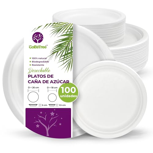 100 assiettes jetables rondes en canne à sucre de 26 cm et 18 cm. 50 plaques 26 cm et 50 plaques...