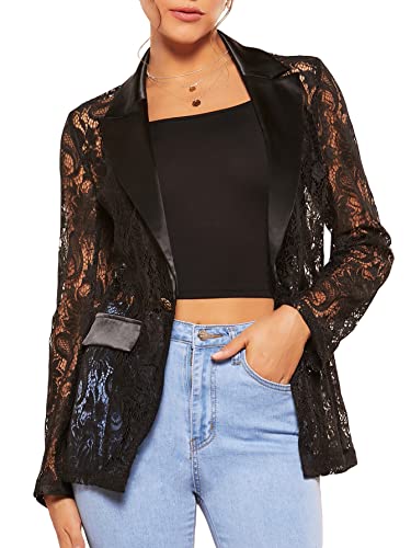 WDIRARA Women's Floral Lace Mesh One Button Lapel Neck Long