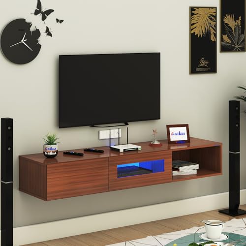 Image of Anikaa Strix Wall Mount Modern Floating TV Unit for Living Room with 3 Storage Cabinet & Blue LED Light (Ideal for 32 to 55 inch TV, DIY Installation, Walnut Finish)
