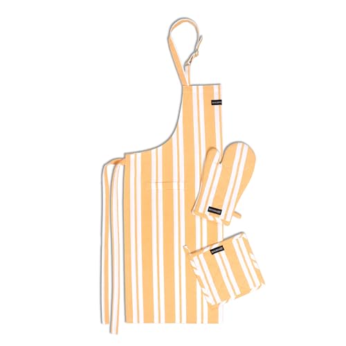 Image of Encasa XO 100% Cotton Apron Set for Women & Men with Adjustable Apron, Oven Gloves & Pot Holder (Pack of 3) Combo, Heat-Resistant, Soft & Durable for Cooking, Baking & Grilling (Franca Yellow Stripes)