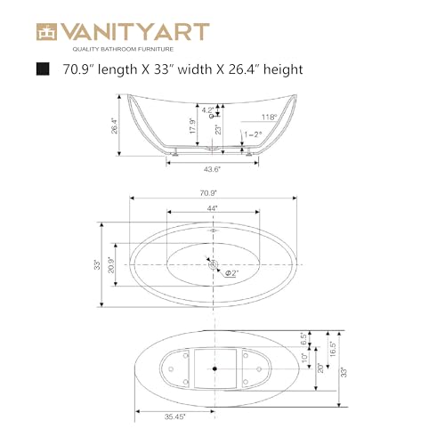Vanity Art 71" X 33" Freestanding Bathtub | Home Improvement Bathtubs with Contemporary Design for Soaking and Bathing, Overflow and Pop-up Drain with UPC Certified, Acrylic, VA6807-ORB - Thumbnail 7