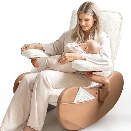 Image of MAMAZING Lullabud Nursery Rocking Chair with Adjustable Armrests for Living Room, Upholstered Nursing Chair with Removable Cover for Breastfeeding(Brown /Beige)