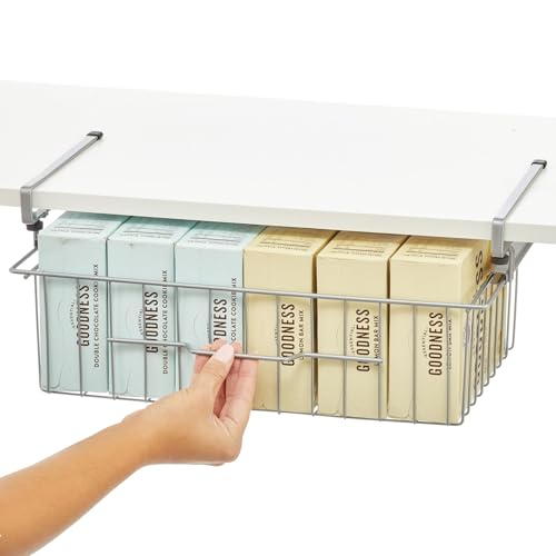 mDesign Large Metal Wire Hanging Pullout Drawer Basket - Sliding Under Shelf Storage Organizer - Attaches to Shelving - Easy Install - Silver