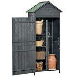 Outsunny Wooden Outdoor Storage Shed with Lockable Double Doors and Shelves, Compact Utility Outdoor Tool Shed, Grey