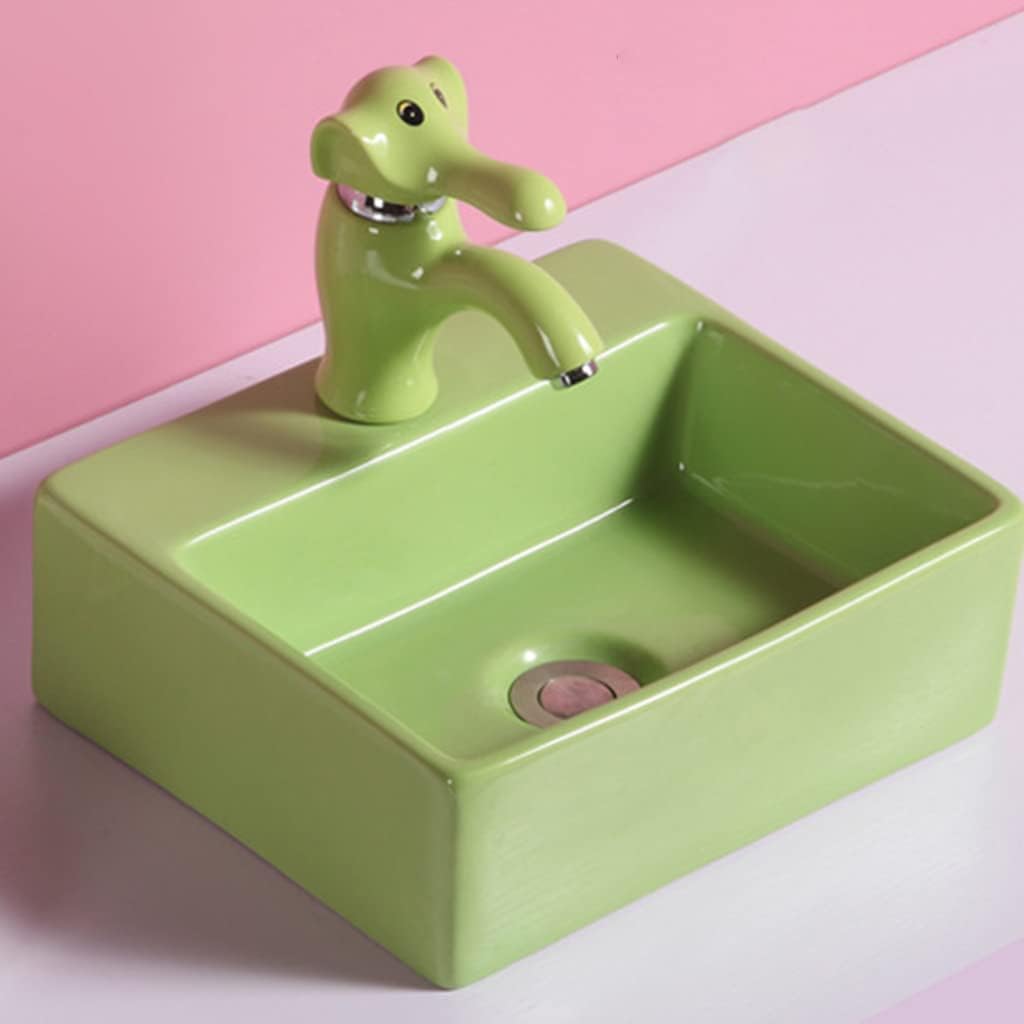Washbasin Small Single Sink,Color With Elephant -shaped Water Faucet,Ceramic Rectangular Art Pot white (Green)