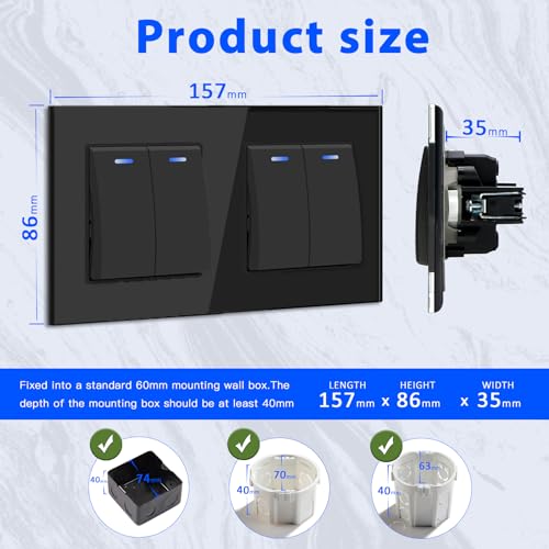 BSEED Lichtschalter Unterputz mit Steckklemme, Lichtschalter Glas 2 Fach 2 Weg+2 Fach 2 Weg, Taster Schalter Unterputz mit LED Kontrollleuchte, Wandschalter f&uuml;r Wohnzimmer, B&uuml;ro, K&uuml;che-Schwarz