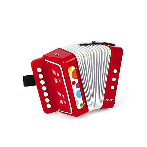 Janod - Confetti - Acordeón, Instrumento Musical para Niños, Juguete de Imitación y Estimulación Del Talento Musical, Bandolera para Llevarlo Colgado - Desde Los 3 Años (Rojo), J07620